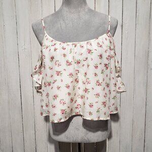 Forever 21 Crop Top M Cream Floral Ruffle Cottage Coquette Peasant Fairy Y2K
